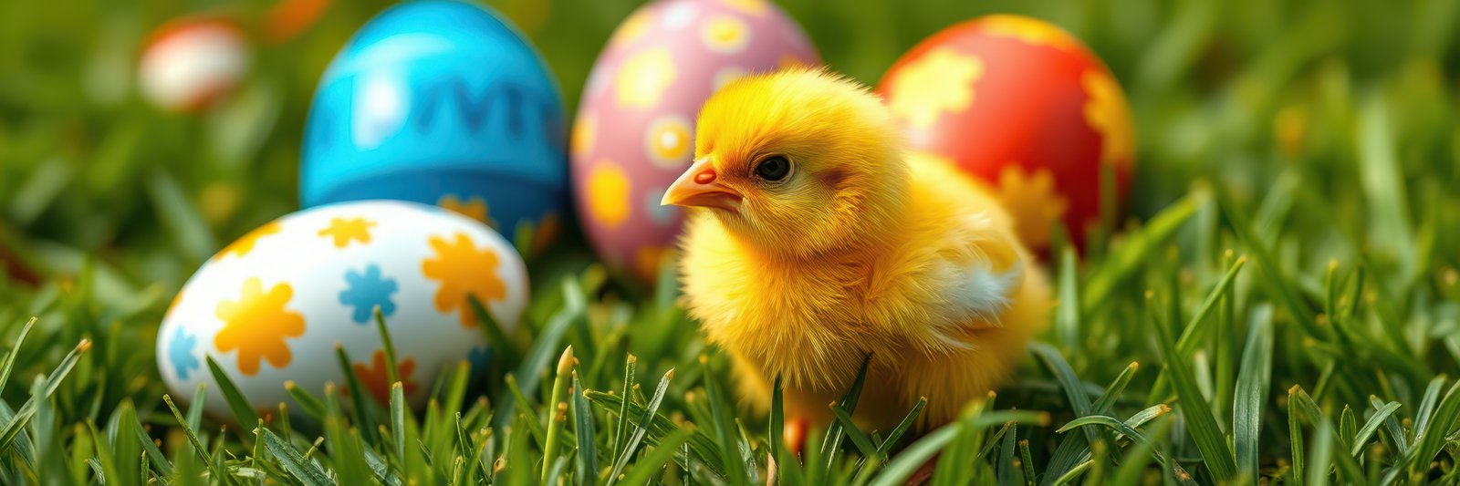 Bright yellow chick exploring colorful Easter eggs in green grass during springtime celebration